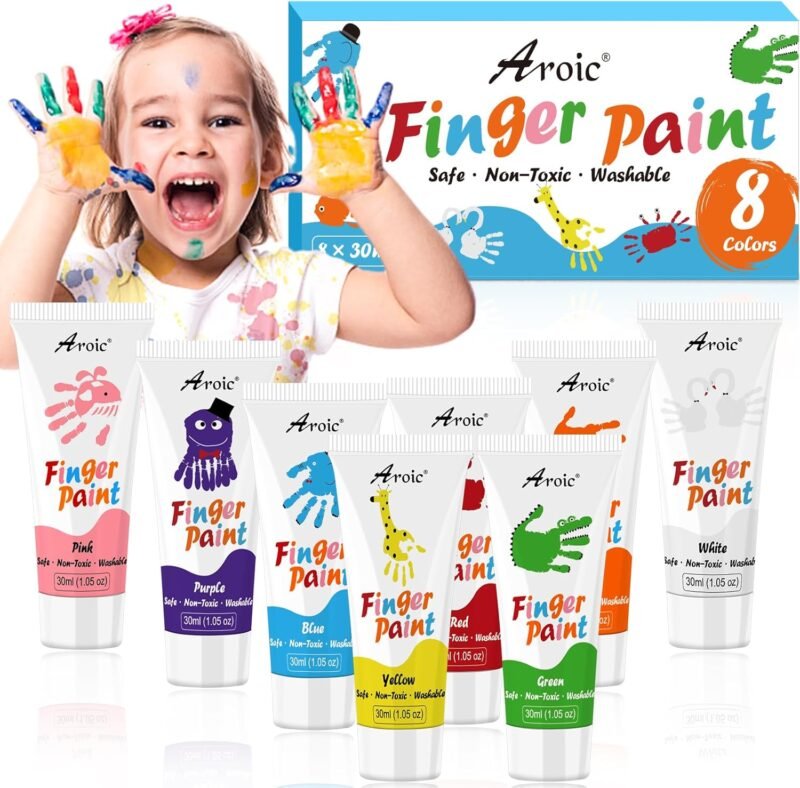 AROIC 8PCS Washable Finger Paint for Kids, Non-Toxic Finger Paints 8Colors, Art Supplies for Toddlers, Painting Supplies for Kids Boys Girls Gifts, Hand Paint DIY Crafts