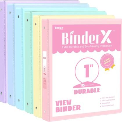6 Pack Extra Durable 3 Ring Binders 1 inch, Sooez 1” Three Round Ring Binders with Pockets, Cute Customizable Clear View Cover for 8.5 x 11'' Letter Size Papers, Pastel School Office Supplies for Girl