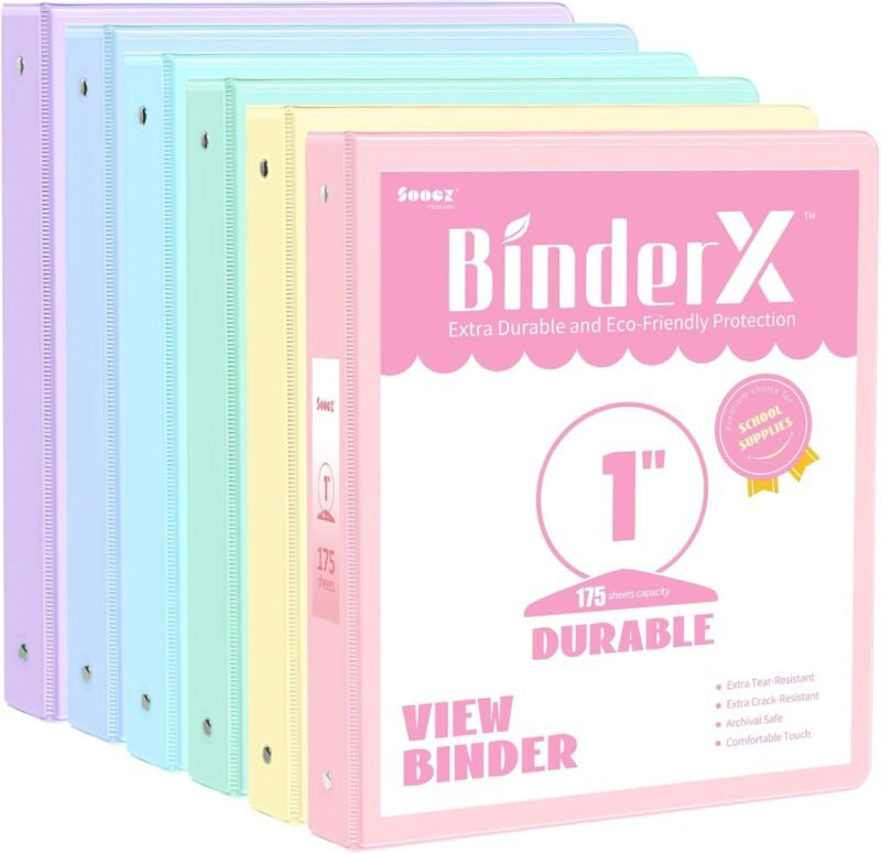 6 Pack Extra Durable 3 Ring Binders 1 inch, Sooez 1” Three Round Ring Binders with Pockets, Cute Customizable Clear View Cover for 8.5 x 11'' Letter Size Papers, Pastel School Office Supplies for Girl