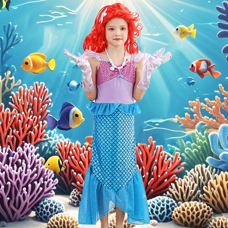 Little Girls Mermaid Costume Princess Dress Up Ariel Outfits with Accessories Wig Birthday Party Halloween Cosplay - Image 2