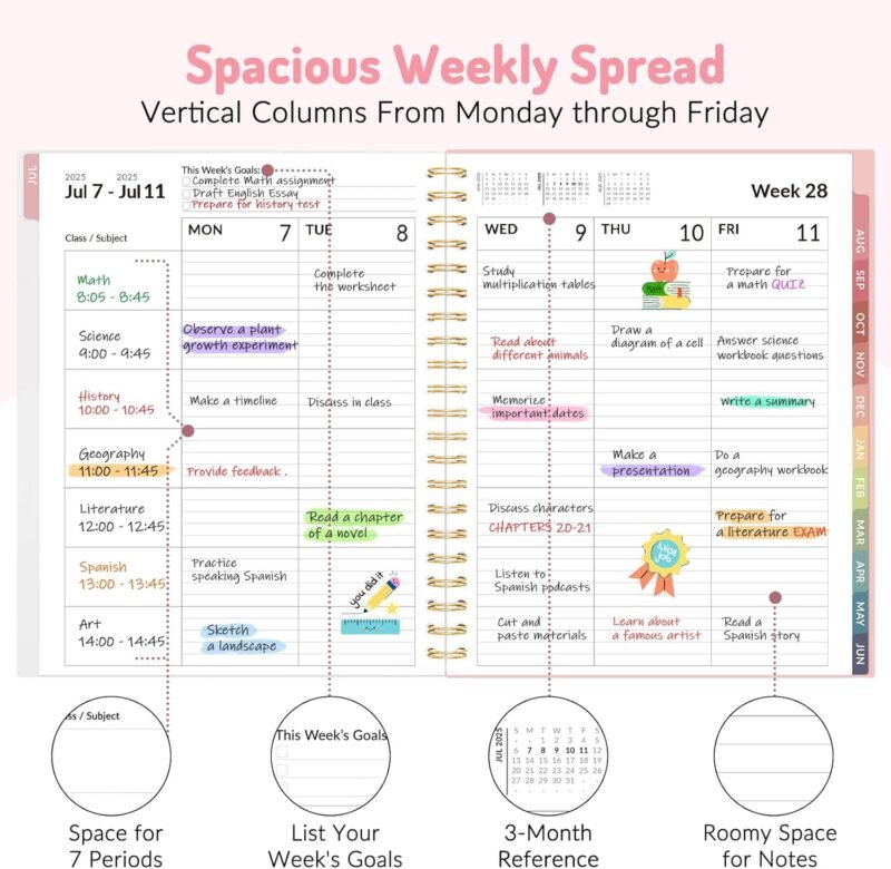 Teacher Planner 2025-2026, Forvencer Academic Planner from Jul 2025 - Jun 2026, 8.5"x11", Weekly & Monthly Calendar Planning Book with 7 Periods, School Lesson Agenda with Subjects, Pastel Teacher Student Supplies, Month Tabs, Pink - Image 2