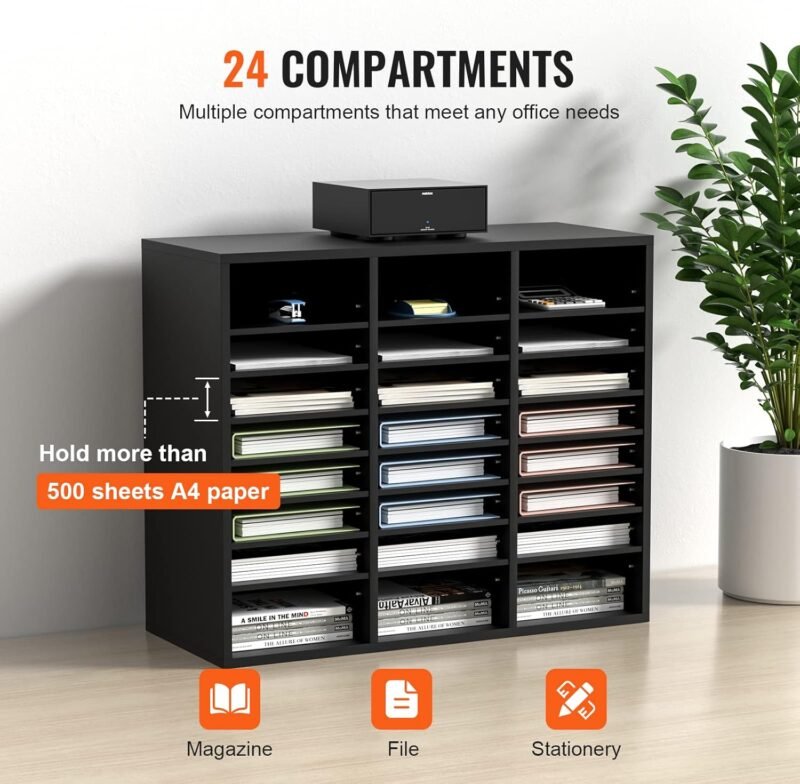 VEVOR Literature Organizers, 24 Compartments Office Mailbox with Adjustable Shelves, Wood Literature Sorter 29x12x24.4 inches for Office, Home, Classroom, Mailrooms Organization, EPA Certified Black - Image 4