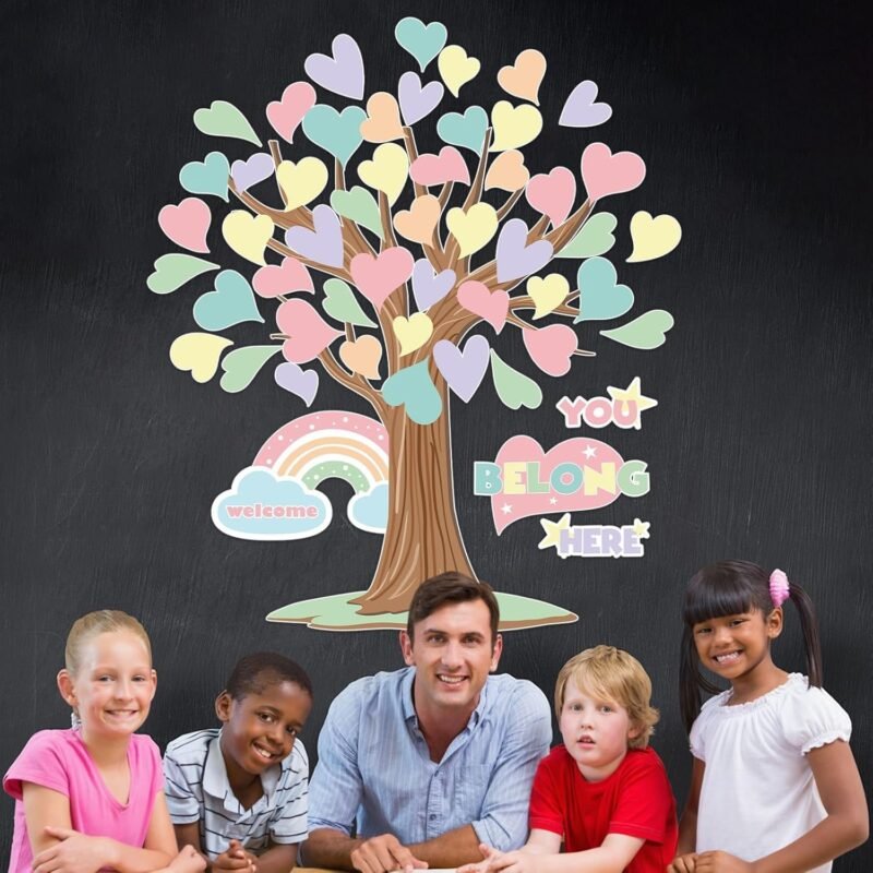 Pastel Tree Bulletin Board Classroom Decoration Welcome Back to School Bulletin Board Sets You Belong Here Heart Rainbow Cutouts for Summer Teacher School Nursery Home Classroom Chalkboard Wall Decor - Image 6