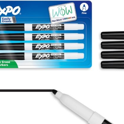 EXPO Dry Erase Markers, Low Odor Ink, Black, Fine Tip, 4 Count - Easily Erases, Vibrant Ink, Ideal for Classroom, Back to School Supplies, Teachers, Office, Whiteboard & Home