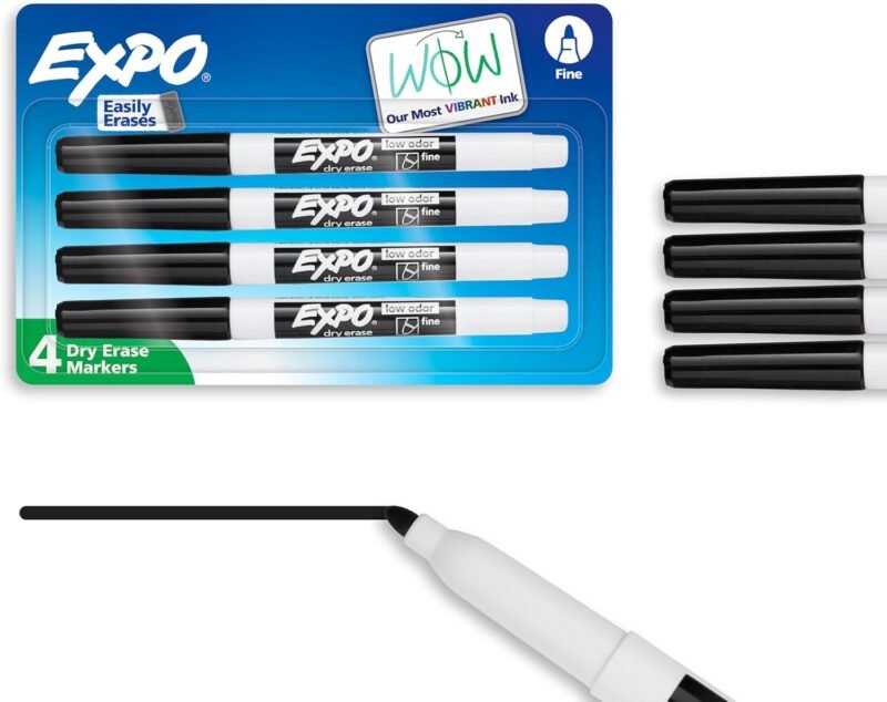 EXPO Dry Erase Markers, Low Odor Ink, Black, Fine Tip, 4 Count - Easily Erases, Vibrant Ink, Ideal for Classroom, Back to School Supplies, Teachers, Office, Whiteboard & Home