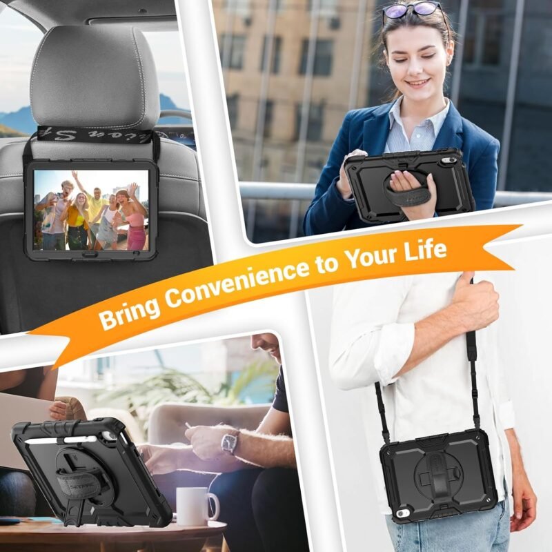 SEYMAC for iPad (A16) 11th/10th Generation Case 2025/2022 (11″/10.9″), Sturdy Heavy Duty Full-Body Shockproof Protective Case with Screen Protector, Rotating Stand, Hand/Shoulder Strap, Black - Image 6