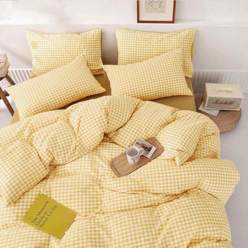 ETDIFFE Yellow Grid Duvet Cover Queen Size, 3 Piece Farmhouse Buffalo Check Gingham Geometric Pattern Printed Microfiber Comforter Cover Set, Soft and Lightweight Plaid Bedding Quilt Cover