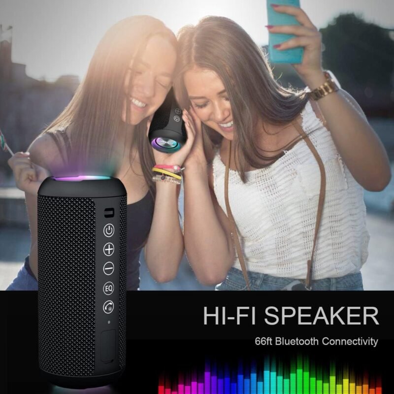 Ortizan Portable Bluetooth Speaker: IPX7 Waterproof, 24W Loud Sound, Deep Bass, Bluetooth 5.3, LED Lights, Wireless Stereo Pairing, 30H Playtime, for Home/Outdoor/Party/Beach, Birthday Gift (Black) - Image 6