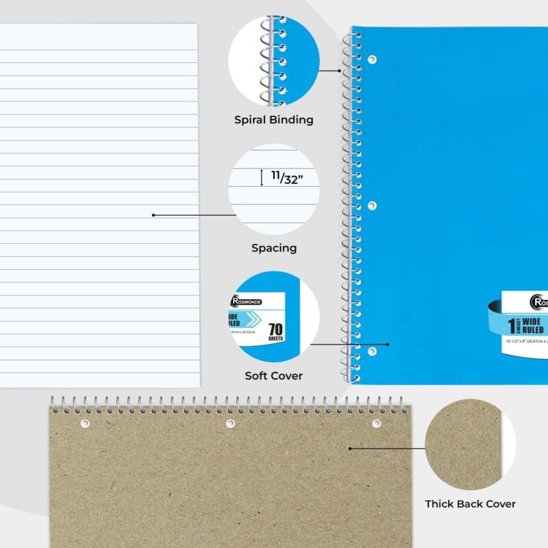 Spiral Notebooks, 12 Pack, 1 Subject Notebook, Wide Ruled, 70 Sheets, 8 x 10-1/2", 3 Hole Punched, School Supplies, Bulk Single Subject Spiral Notebook Bulk, Assorted Colors Pack of Notebooks - Image 5