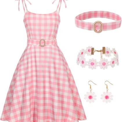 Movie Cosplay Doll Princess Halloween Costume Adult Cosplay Women Outfit Pink Plaid Dress with Accessories