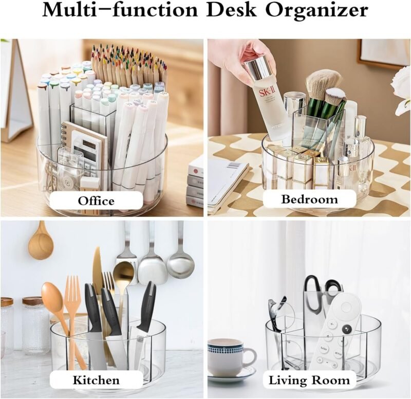 JIKIOU Acrylic Pen Holder, 360-Degree Rotating Pen Holder for Desk, Clear Desk Organizers and Accessories with 5 Compartments Pencil Organizer, Art Supply Storage Box Caddy for Office, Home - Image 2
