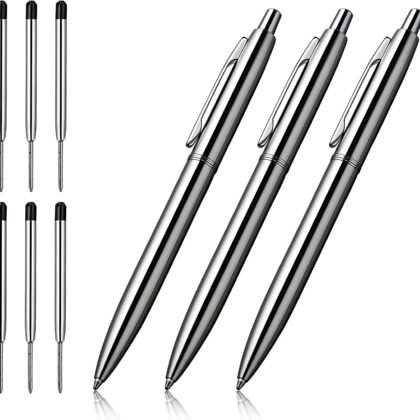 ChaoQ 3 Pcs Retractable Metal Ballpoint Pens, for Gift, Business, Office, 1.0mm Medium Point Black Ink, 6 Extras Replaceable Metal Refills - Stainess Steel