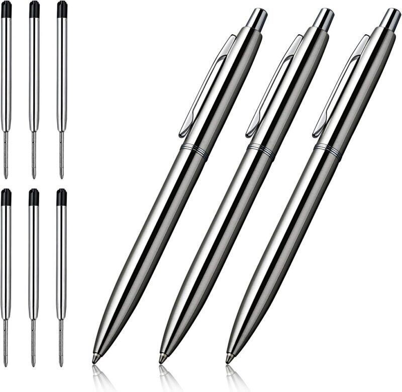 ChaoQ 3 Pcs Retractable Metal Ballpoint Pens, for Gift, Business, Office, 1.0mm Medium Point Black Ink, 6 Extras Replaceable Metal Refills - Stainess Steel