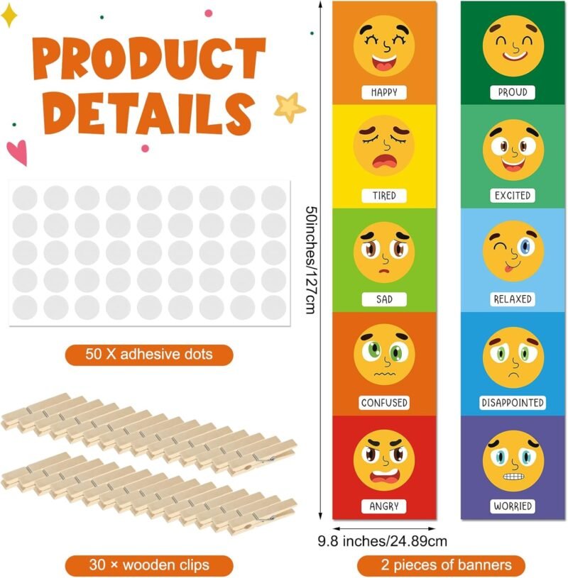 Kosiz 2 Pcs Feeling Emotions Chart Posters Feeling Control Charts Classroom Emotional Regulation Posters with 30 Pcs Clips Emotion Tracker for Classroom Must Haves Supplies, 50 x 10 Inch(Classic) - Image 2