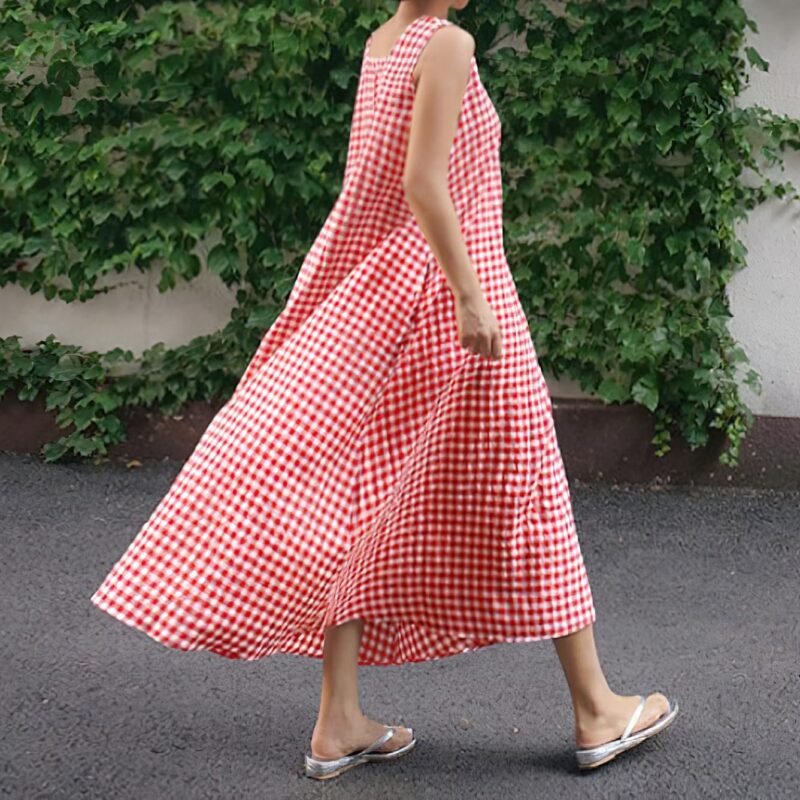 chouyatou Women's Casual Loose-Fit Cotton and Linen Plaid Tank Maxi Dress with Pockets - Image 2