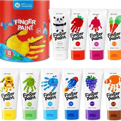 Jar Melo Washable Finger Paints for Toddlers, 10 Colors Large Capacity (2.1fl oz), Non Toxic Baby Paint for Hand and Feet, Safe Art Supplies, Preschool Learning Gifts for Kids Age 2+