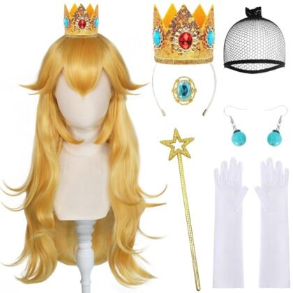 ANOGOL Hair Cap+ 28 Inch Princess Wig for Women - Golden Long Wavy Peach Cosplay Anime Synthetic Hair for Halloween Party Costume (1 Crown, 1 Wand, 2 Earrings, 2 Gloves, 1 Brooch)