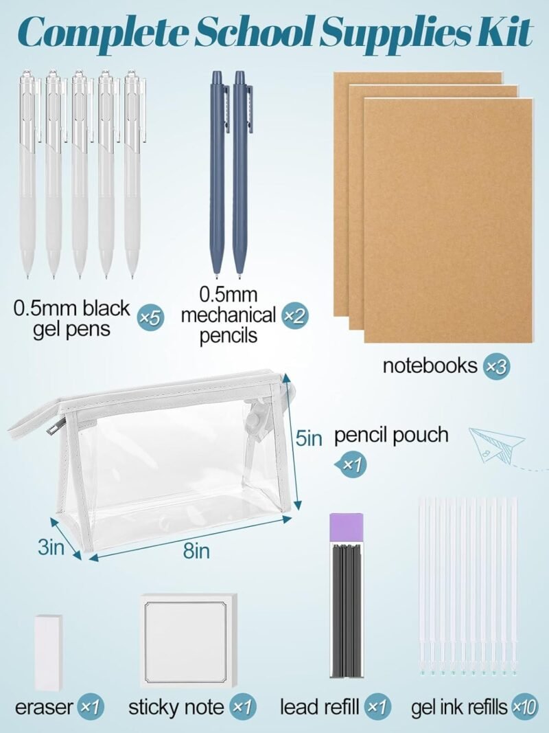 School Supplies Kit - 24 Pcs Back to School Essentials for High School and College Students, Include Big Capacity Pencil Pouch, Quick Dry 0.5mm Black Ink Pens, Mechanical Pencils and Much More, 1 Set - Image 5