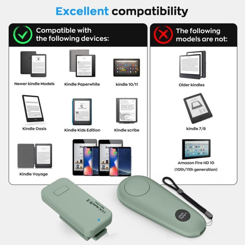 RF Remote Control Page Turner for Kindle Paperwhite Scribe Accessories, Page Turner Clicker for iPad Tablets Reading Novels Taking, Phone Camera Video Record Triggers Remote, Agave Green - Image 7