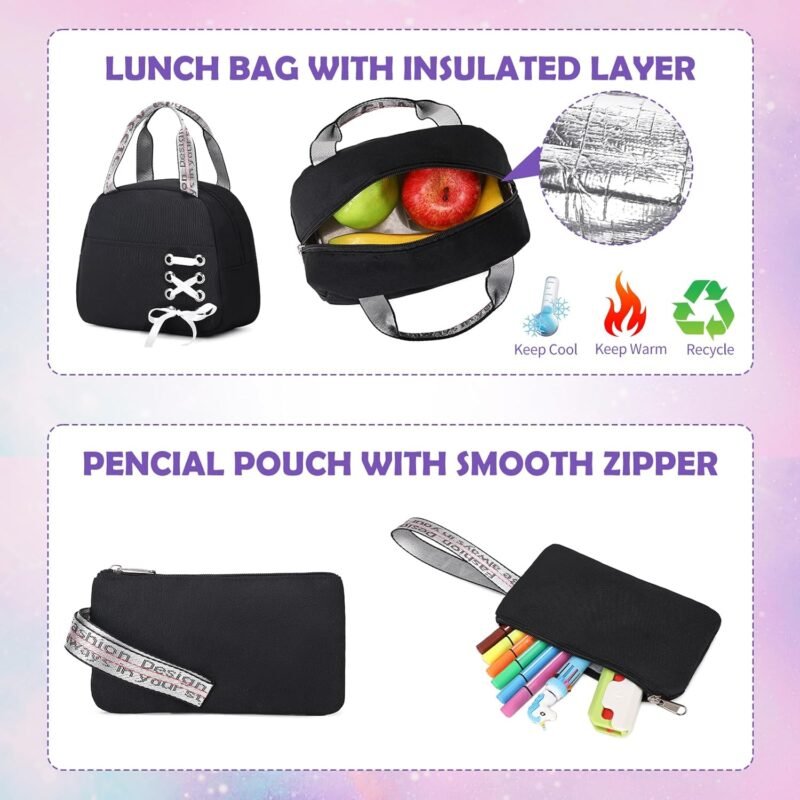 Backpacks for Girls, Girls Backpack with Lunch Box and Pencil Case for Teen Kids Elementary Middle High School College Student, Children School Backpack Bookbag with USB Charging Port (Black) - Image 6