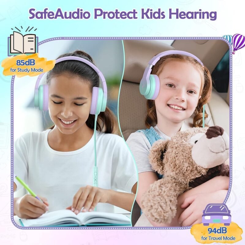 Kids Headphones, Wired Headphones for Kids Over Ear with Microphone, 85/94dB Volume Limiter Headphone for Girls Boys, Foldable Headphone for Learning & Entertainment,Gradient Purple - Image 2