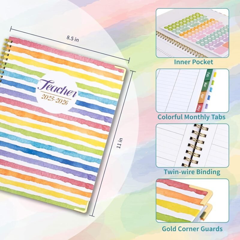 Teacher Planner 2025-2026, August 2025 to July 2026 Academic Year, 8.5" x 11" Lesson Planner Book for Teachers with Colorful Tabs, Teacher Calendar for Classroom or Homeschool, Hardcover, Color Stripe - Image 4
