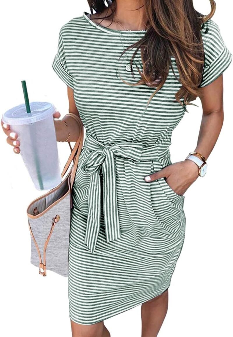 MEROKEETY Women's Summer Striped Short Sleeve T Shirt Dress Casual Tie Waist with Pockets