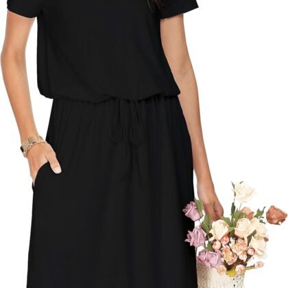 Womens Summer Hide Belly Knee Length Travel Dress Pocket 2025 Spring Short Sleeve Midi Work Casual Teacher Outfits