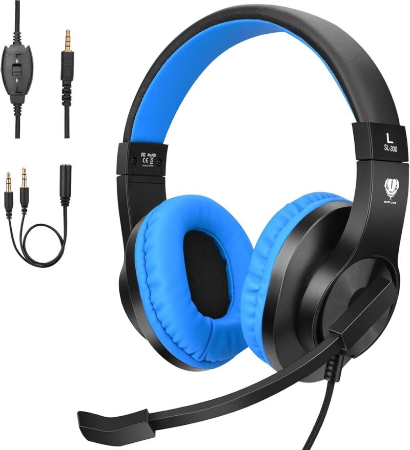 Kids Headphones for Online School, Children, Teens, Boys, Girls, 3.5mm Stereo Over-Ear Gaming Headphone with Microphone and Volume Control for PS4, PS5, New Xbox One（Blue）