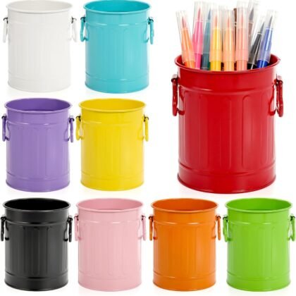 9 Pack Metal Pen Holder, Mini Pencil Bucket with Handle, Desktop Pencil Cup Makeup Brush Organizer, Desk Colorful Small Pails, Stationary Supplies Container for Office Classroom School Crafts