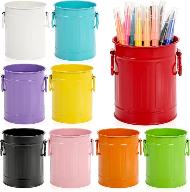 9 Pack Metal Pen Holder, Mini Pencil Bucket with Handle, Desktop Pencil Cup Makeup Brush Organizer, Desk Colorful Small Pails, Stationary Supplies Container for Office Classroom School Crafts