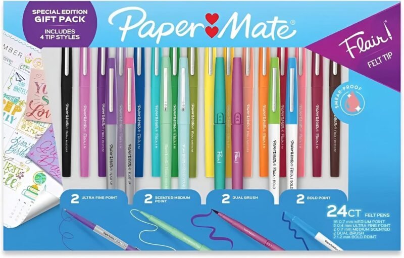 Paper Mate Flair Felt Tip Pens, 24 Vibrant Colors, Medium Point (0.7mm), 4 Unique Tip Styles, No-Bleed Ink for Students, Teachers & Back to School Supplies