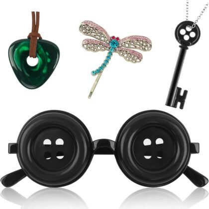 4 Pcs Accessories Fit for Coraline Cosplay Costume, Button Eyes Glasses, Key Necklace, Hair Clip, Green Stone Set Halloween Merchandise, Christmas Birthday Gift for Women Men and Fans