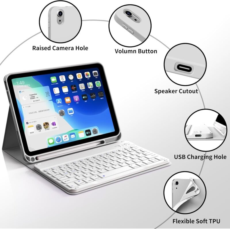 kenke for iPad 11/10th Gen Case with Keyboard 11/10.9 inch 2025 A16/2022, Detachable Wireless Bluetooth Keyboard Case Thin & Light with Built-in Left Side Pencil Holder, White Square Keycaps (Gray) - Image 8
