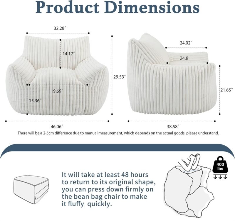 Giant Plush Bean Bag Chair for Adults with Armrests - Oversized Comfy Beige Beanbag Lounge Lazy Floor Sofa Accent Chair for Living Room, Bedroom & Dorm, Cozy Fluffy Single Cloud Mini Couch - Image 2
