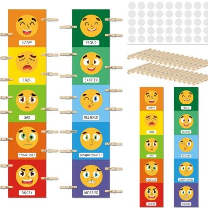 Kosiz 2 Pcs Feeling Emotions Chart Posters Feeling Control Charts Classroom Emotional Regulation Posters with 30 Pcs Clips Emotion Tracker for Classroom Must Haves Supplies, 50 x 10 Inch(Classic)