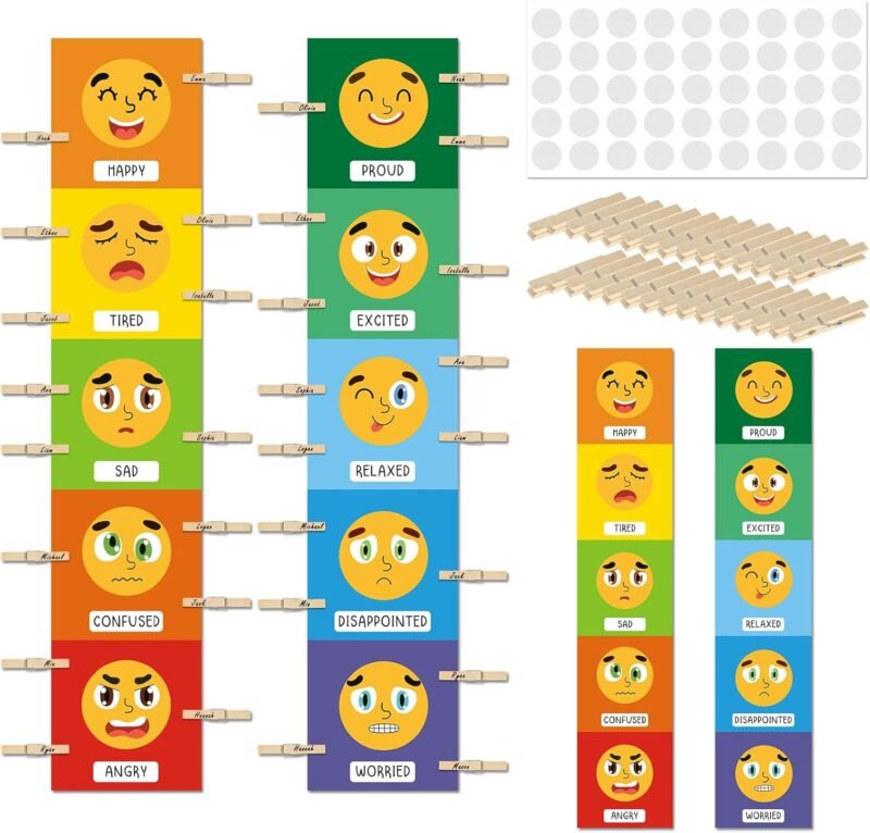 Kosiz 2 Pcs Feeling Emotions Chart Posters Feeling Control Charts Classroom Emotional Regulation Posters with 30 Pcs Clips Emotion Tracker for Classroom Must Haves Supplies, 50 x 10 Inch(Classic)