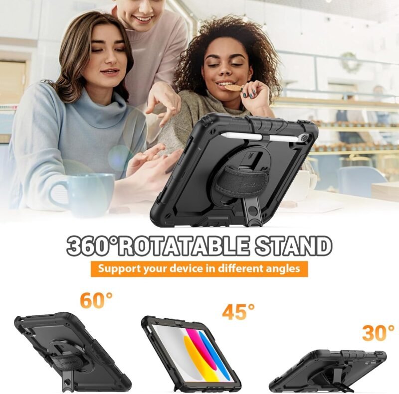 SEYMAC for iPad (A16) 11th/10th Generation Case 2025/2022 (11″/10.9″), Sturdy Heavy Duty Full-Body Shockproof Protective Case with Screen Protector, Rotating Stand, Hand/Shoulder Strap, Black - Image 4