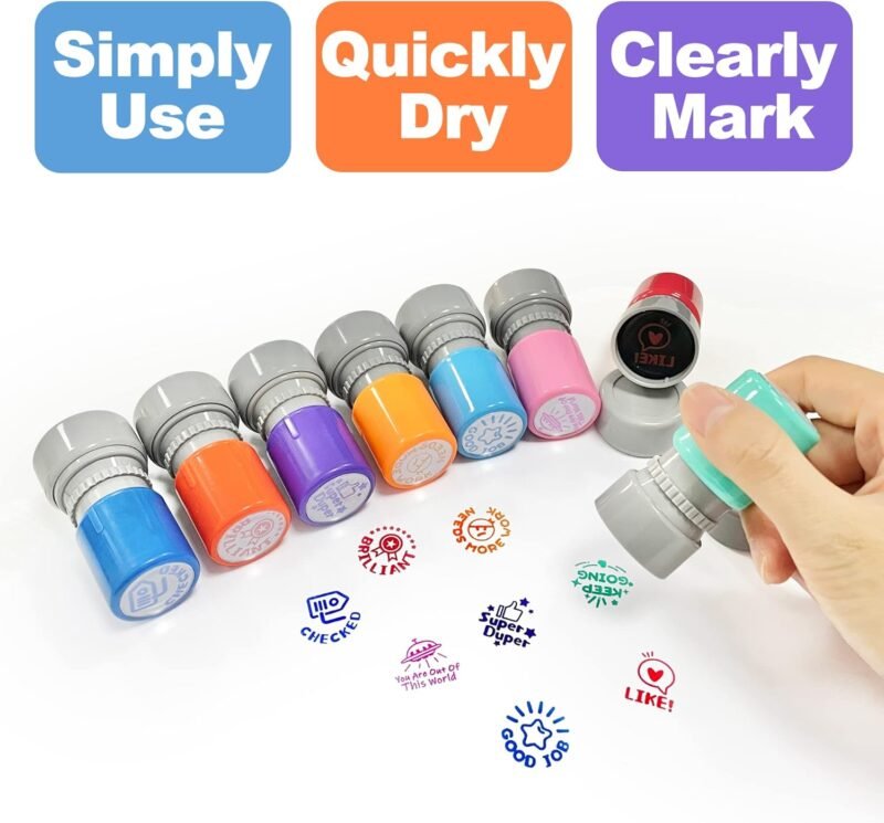 Round Teacher Stamps for Grading Classroom, Set of 8 Color Rubber Teacher Self-Inking Stamp Set for Homework Teacher Supplies - Image 3