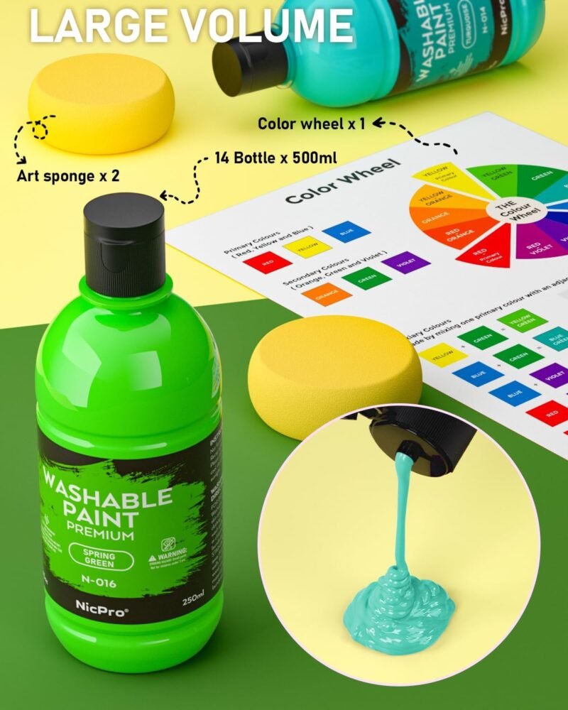 Nicpro 18 Colors Large Washable Paint Set for Kid (8.4oz,250 ml), Acrylic Bulk Paint Supplies Non Toxic Children Tempera Paint for Art, Craft DIY, Poster & Finger Paint, School, Home,Classroom, Party - Image 3