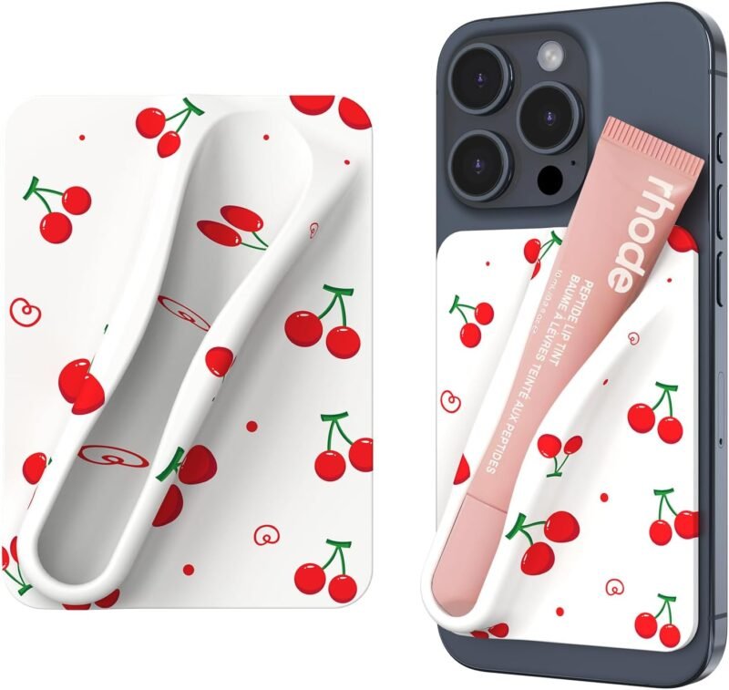DOB SECHS Silicone Lip Holder for Cell Phone Lipstick Lip Glaze Phone Case Back Stick On Holder for iPhone and Android Phones, White, Cherries