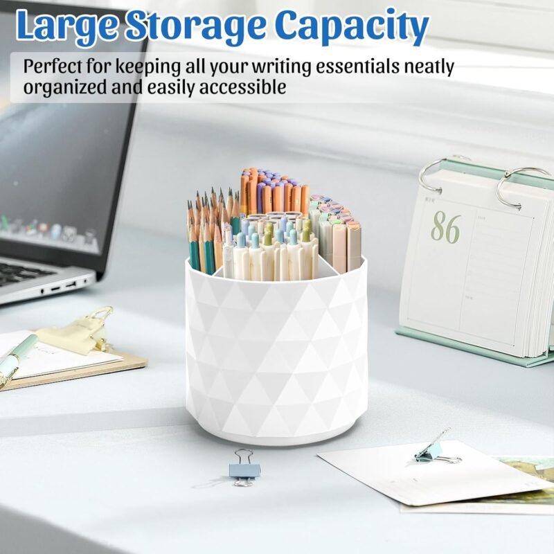 Desk Organizer,Sparkling Diamond-like Pen Holder for Desk 360°Rotating Office Accessories,Pencil Cup with 5 Compartments Storage Box Caddy for Office,School,Home,Art Supply(White) - Image 2