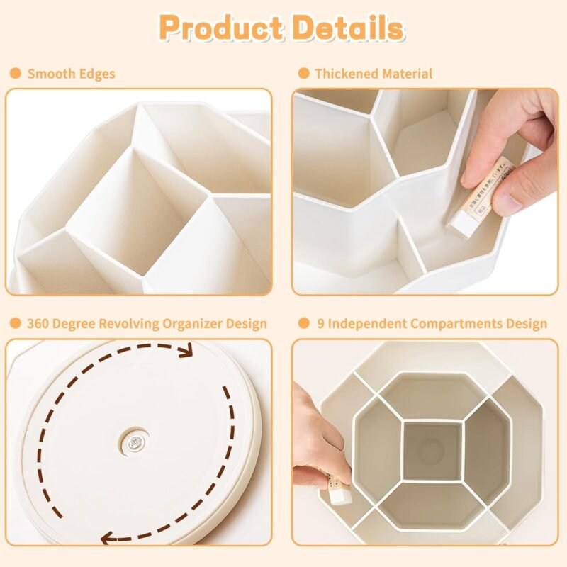 Pencil Pen Holder for Desk,9 Slots 360 Degree Rotating Desk Organizers,Desktop Storage Stationery Supplies Organizer, Cute Pencil Cup Pot For Office, School, Home(White) - Image 4