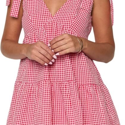 Women Y2k Plaid Short Dress Sleeveless Tie Shoulder Backless Flowy Babydoll Gingham Mini Dress Casual Cute Streetwear