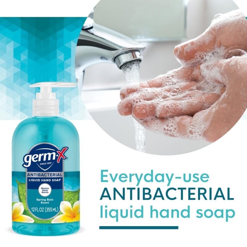 Germ-X Antibacterial Hand Soap, Moisturizing Liquid Hand Wash for Kitchen or Bathroom, pH Balanced & Dermatologist Tested, Back to School Supplies, Spring Rain, 12 oz Pump Bottle (Pack of 4) - Image 5