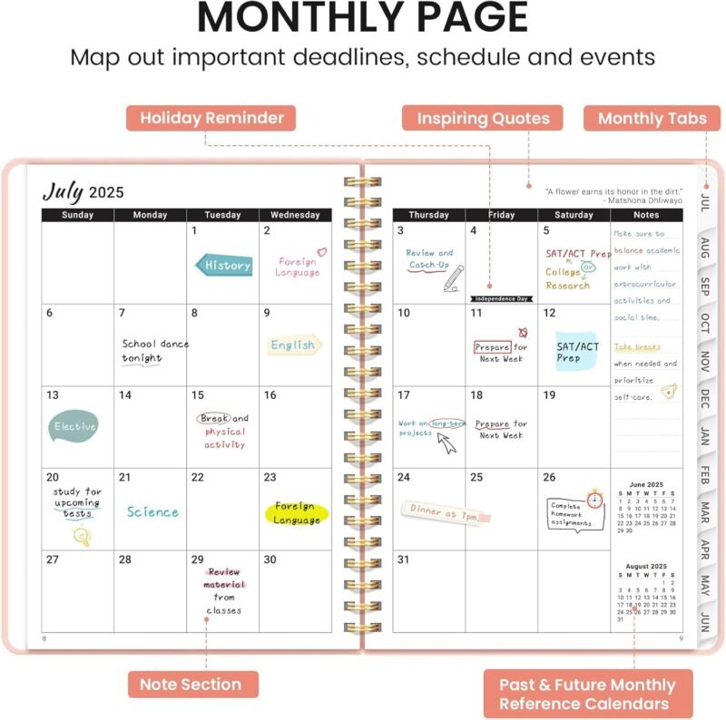 Academic Planner 2025-2026 For Women & Men, Monthly and Weekly Calendar Planner, Jul 2025 - Jun 2026, A5 (6.3" x 8.5"), Teacher Student Planning Book with Tabs, Ideal for Office School Supplies - Pink - Image 2