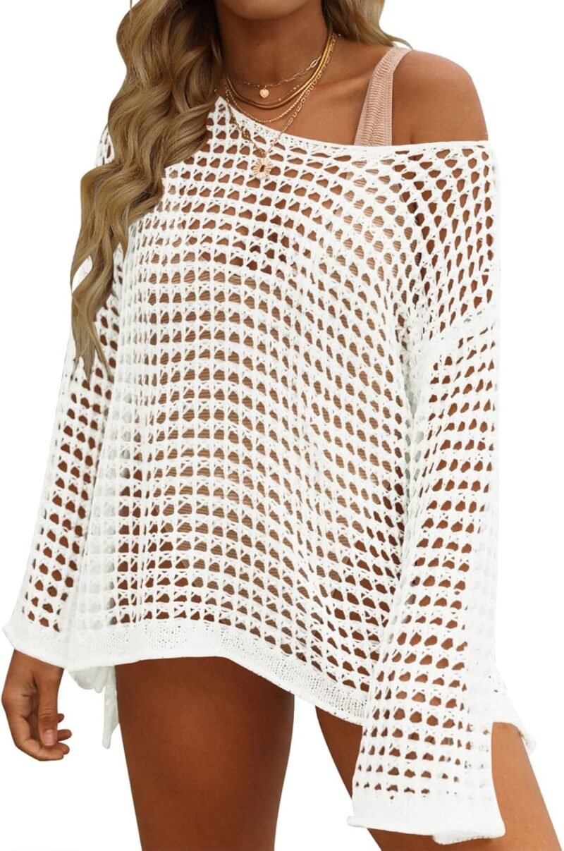 ZESICA Women's 2025 Summer Crochet Hollow Out Long Sleeve Beach Bikini Swimsuit Mesh Cover Up Tunic Top