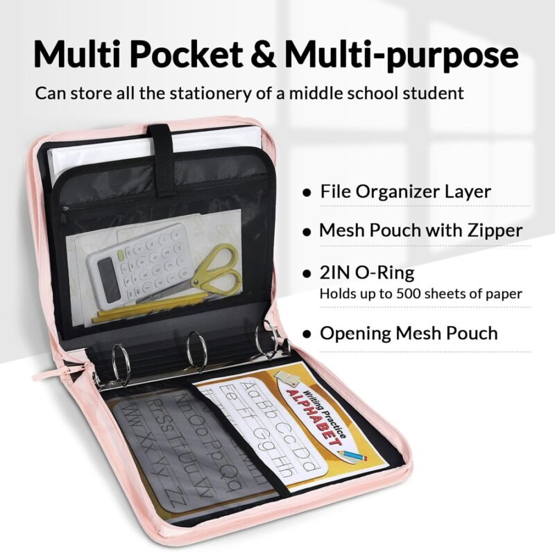 SUNEE Zippered Binder Bag with Handle, 2-Inch 3-Ring O-Ring, 500-Sheet Capacity, Includes Zip Pocket, 5-Tab Expanding File Folder, Multi-Pocket Organizer Binder for Middle School, Pink Lotus - Image 3