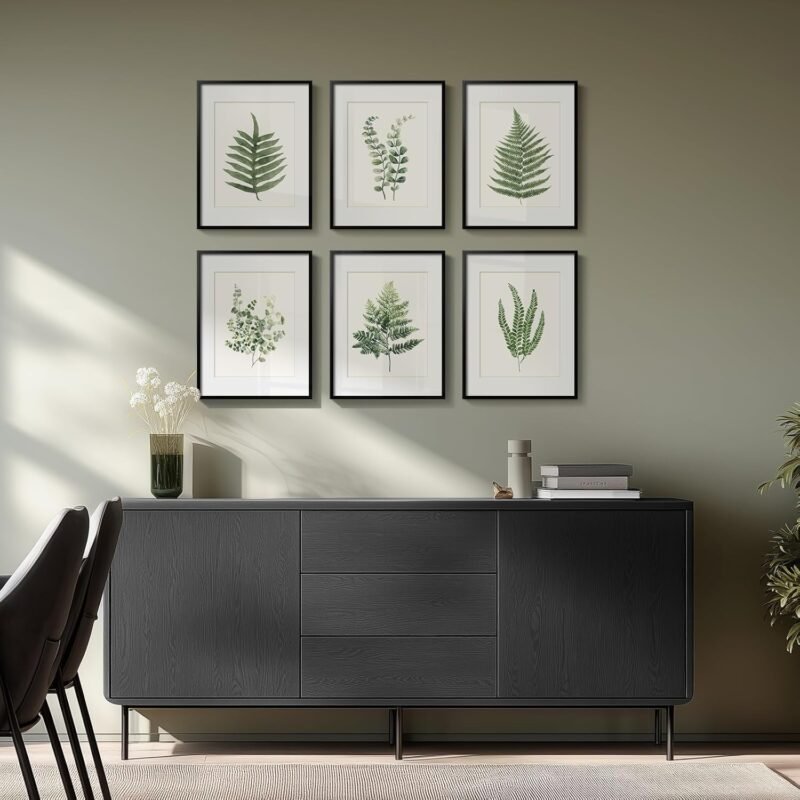 Framed Green Nature Botanical Wall Art, Set of 6 Minimalist Plant Leaf Painting Prints Artwork, Natural Fern Leaves Picture for Modern Farmhouse Living Room Bedroom Bathroom Kitchen Home Decor, 11x14 - Image 2