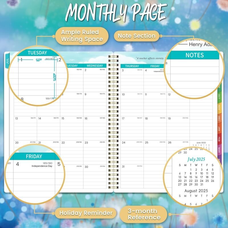 Teacher Planner 2025-2026 - Planner 2025-2026, Teacher Lesson Planner from July 2025 to June 2026, 11" x 8.3", Weekly & Monthly Lesson Plan Book for Teachers - Blue Floral - Image 5